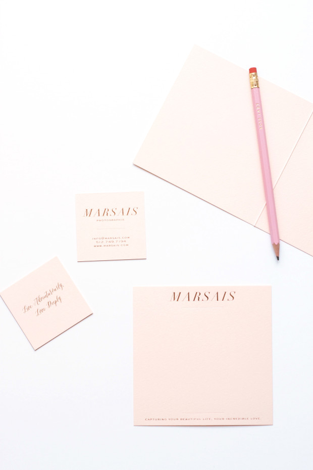 rose gold foil on blush stock for Marsais Photographie | design by b is for bonnie design | printing by Dolce Press | custom branded stationery for a romantic, luxe aesthetic