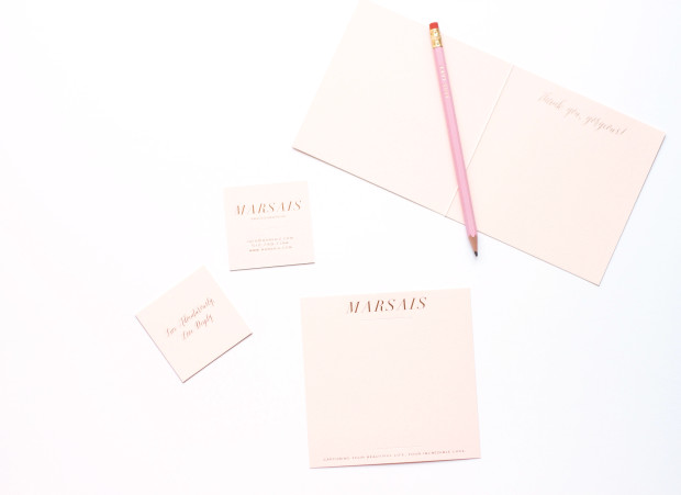 rose gold foil on blush stock for Marsais Photographie | design by b is for bonnie design | printing by Dolce Press | custom branded stationery for a romantic, luxe aesthetic
