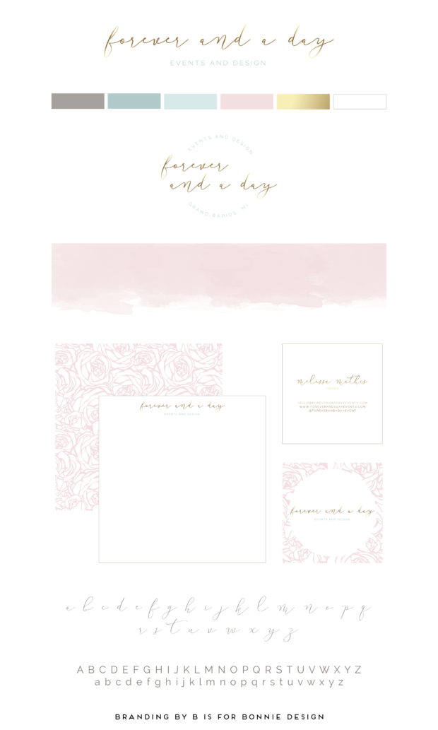 feminine visual branding for Forever and a Day Events and Design by b is for bonnie design | blush watercolor elements with gold foil logo