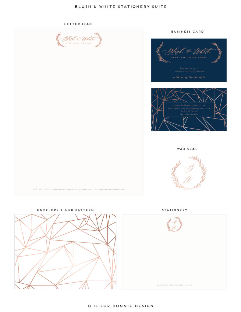 Luxe + romantic visual brand for Blush & White | copper foil stationery + business cards with geometric copper foil envelope liner | calligraphy by Paula Lee Calligraphy, branding by b is for bonnie design