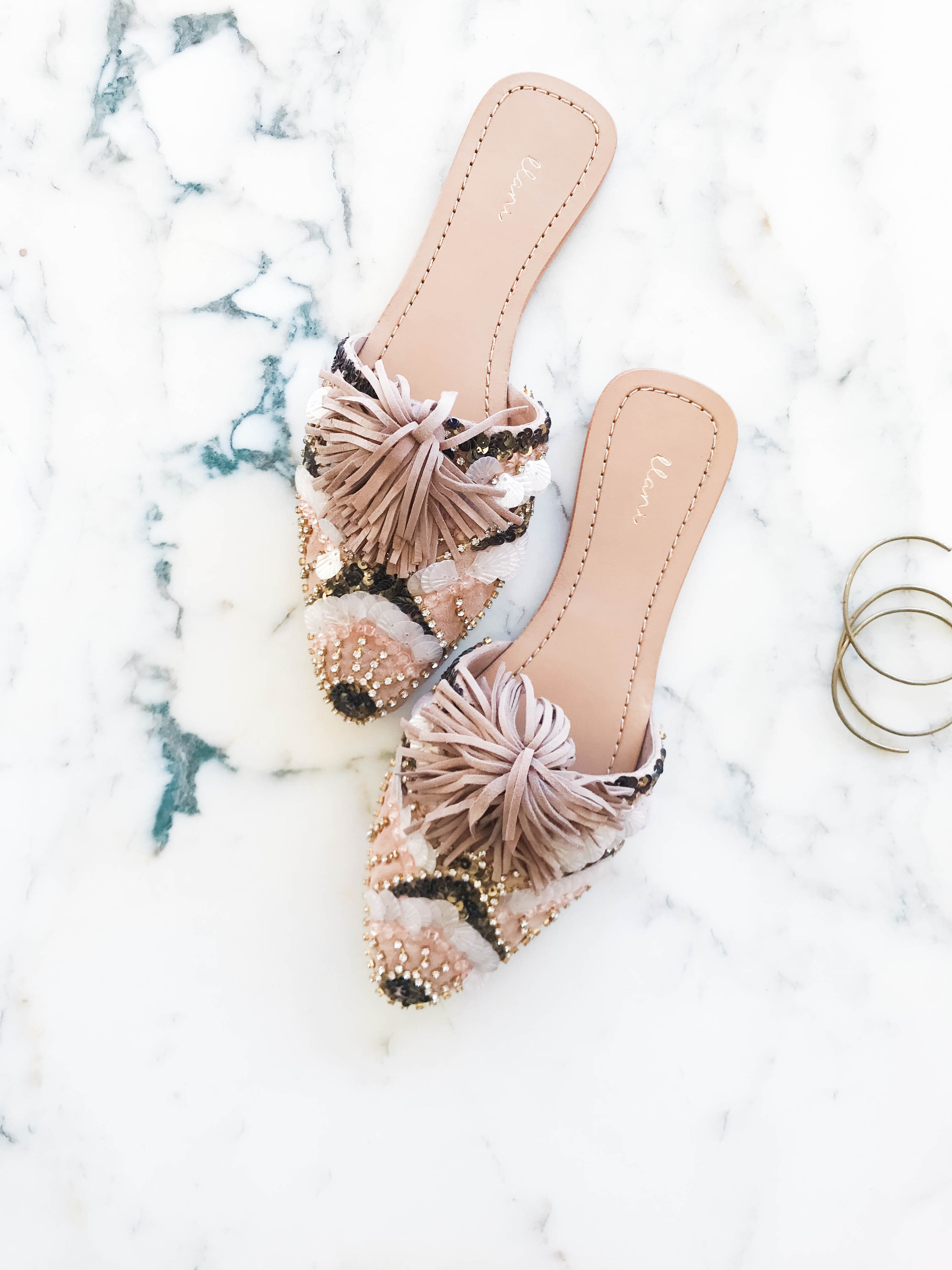 The perfect blush pink embellished slides for a cozy, polished look via b is for bonnie design featuring Llani Shoes
