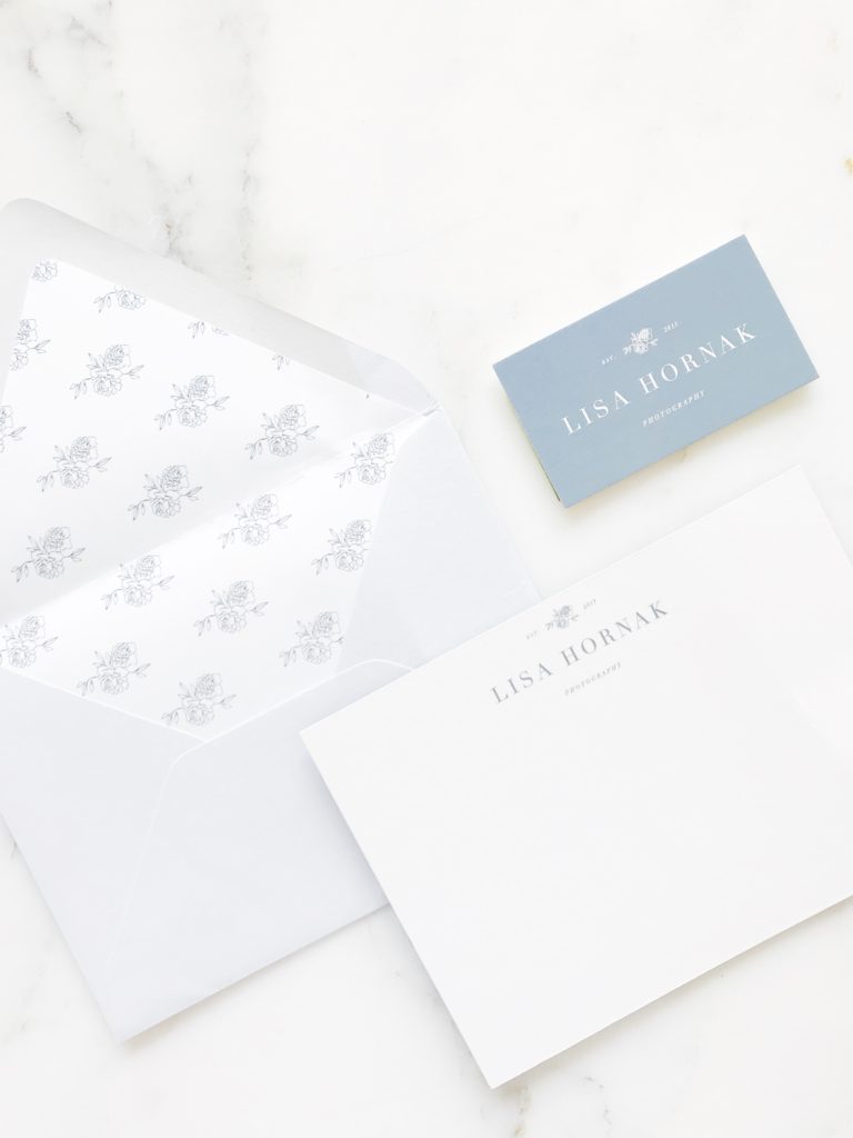 Dusty blue + grey branded stationery for Lisa Hornak Photography | Digitally printed stationery on Strathmore Soft White Wove, 240lb weight for a luxe feel | Custom patterned envelope liner tucked inside Colorplan Cool Grey Euro flap envelope | designed by b is for bonnie design