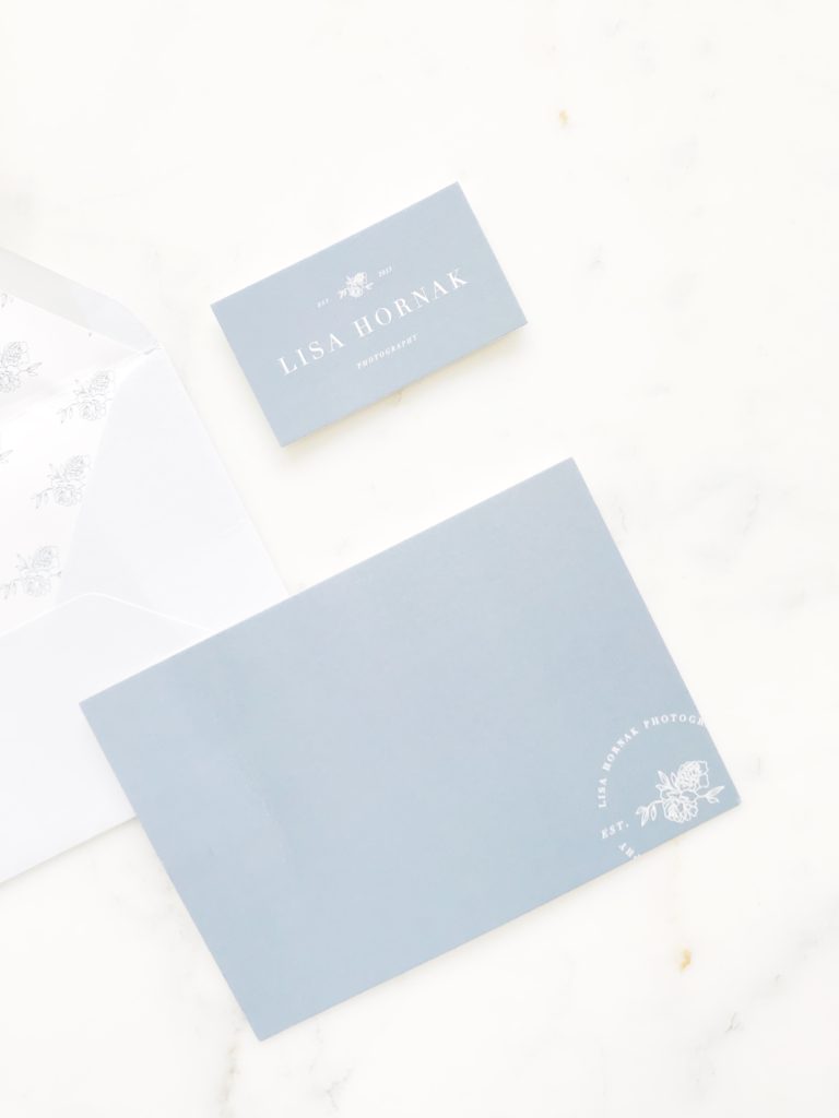 Dusty blue + grey branded stationery for Lisa Hornak Photography | Digitally printed stationery on Strathmore Soft White Wove, 240lb weight for a luxe feel | Custom patterned envelope liner tucked inside Colorplan Cool Grey Euro flap envelope | designed by b is for bonnie design