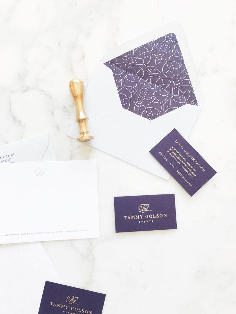 Luxe, feminine brand reveal for Boston, New York, and New England wedding planner Tammy Golson Events | Plum and Gold branding | Custom gold foil stationery on dark purple stock by b is for bonnie design