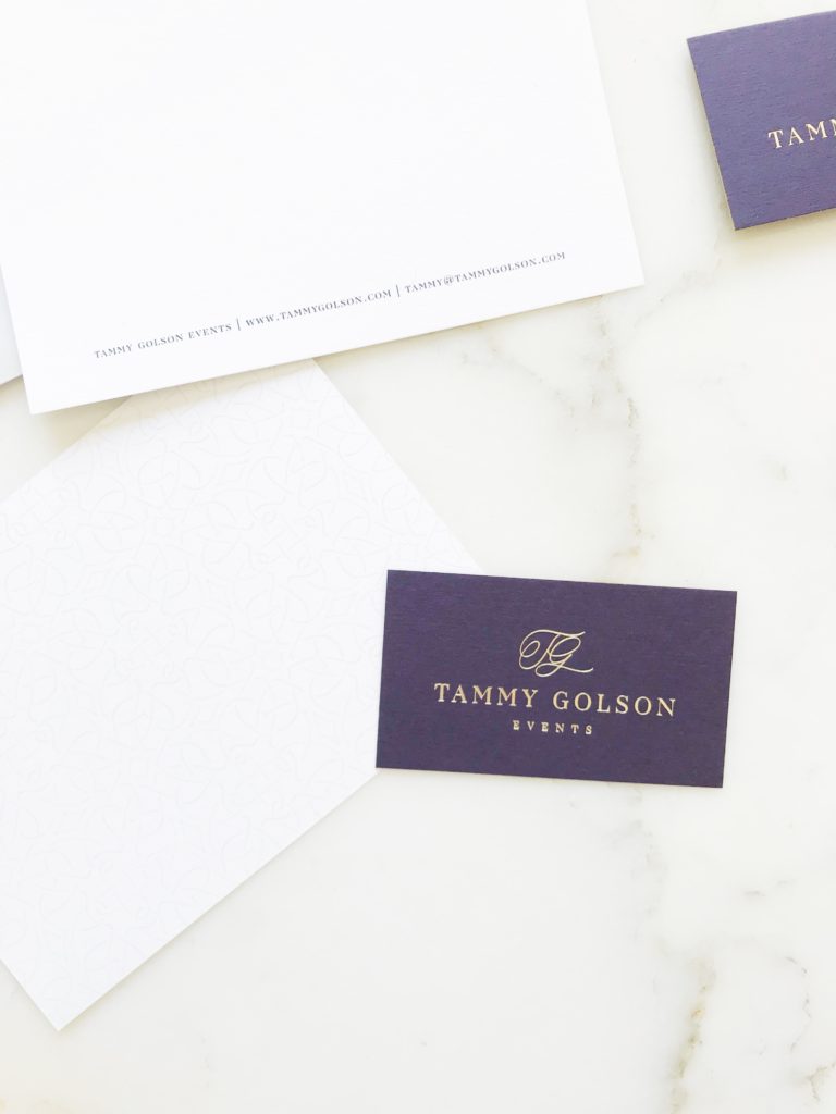 Luxe, feminine brand reveal for Boston, New York, and New England wedding planner Tammy Golson Events | Plum and Gold branding | Custom gold foil stationery on dark purple stock by b is for bonnie design