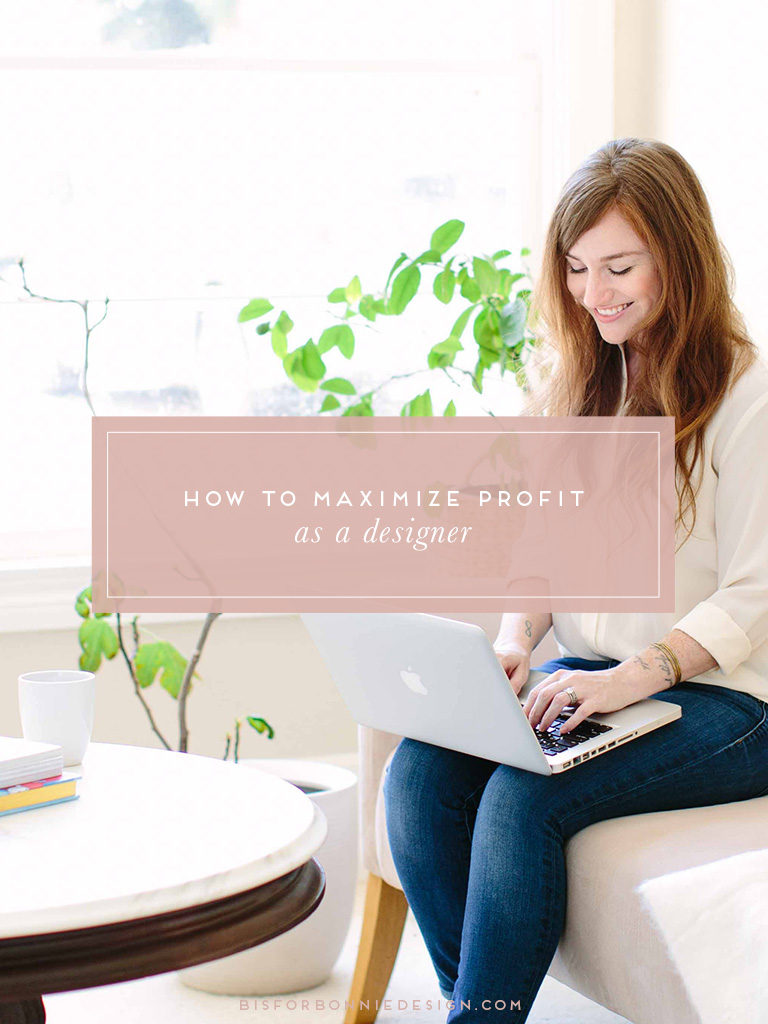 Woman sits at computer with the text "How to Maximize Profit as a Designer" written on top of the image