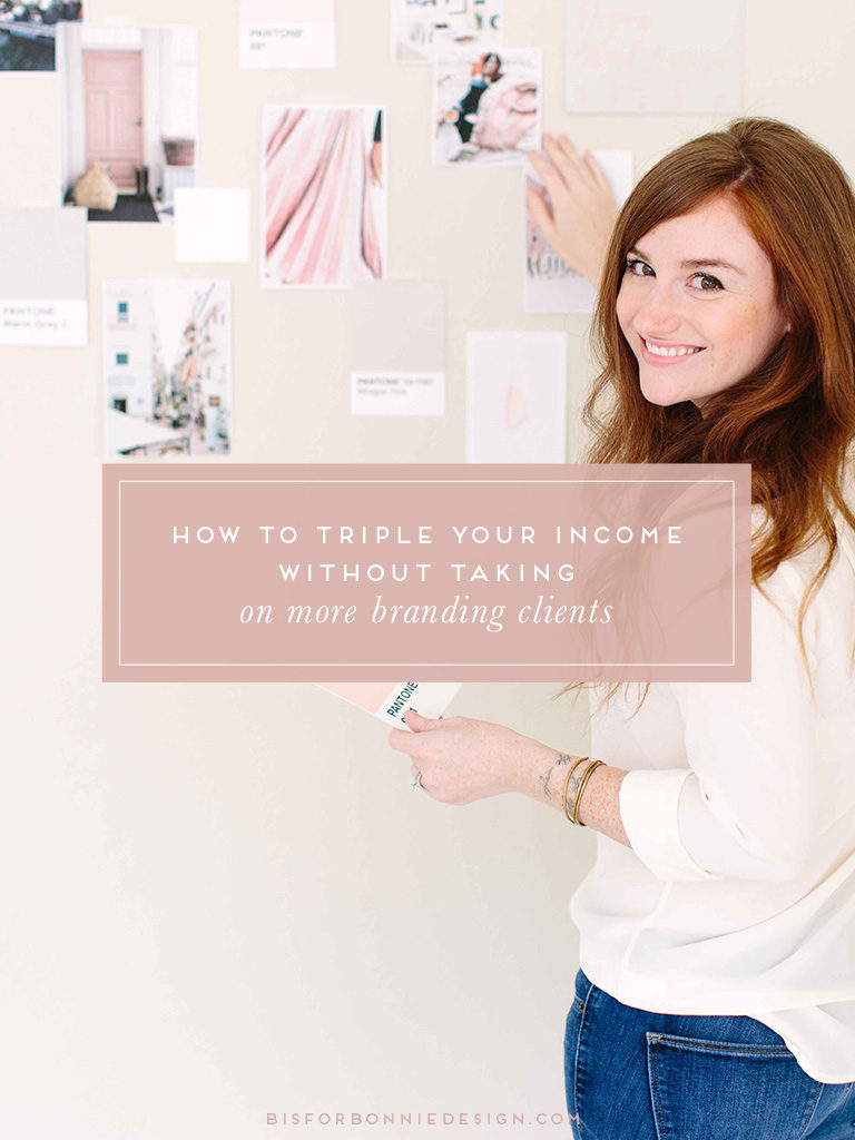 Woman stands in front of a wall covered with images for a brand's mood board. The words "How To Triple Your Income Without Taking On More Branding Clients" are written.